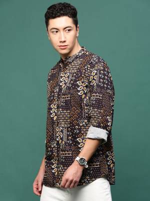 men's black ethnic motifs slim fit shirt 3