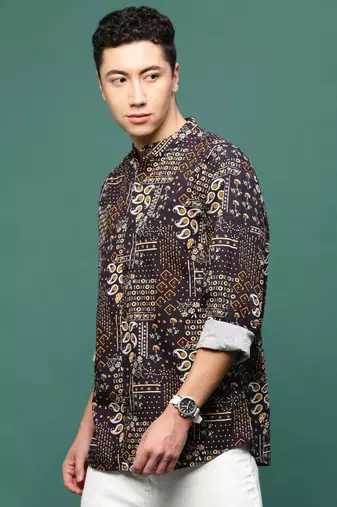 men's black ethnic motifs slim fit shirt