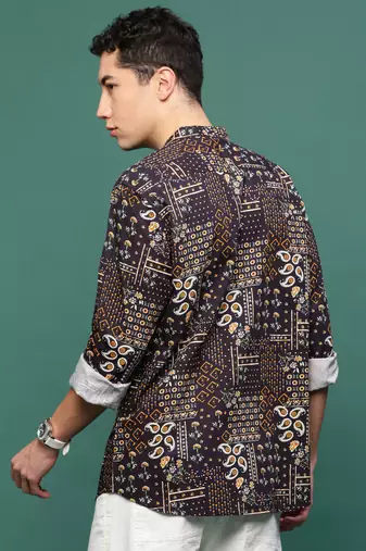 men's black ethnic motifs slim fit shirt