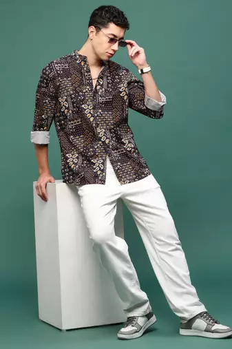 men's black ethnic motifs slim fit shirt