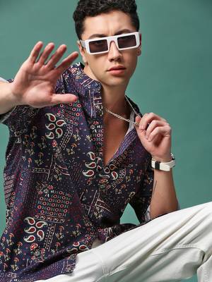 men's navy blue ethnic motifs slim fit shirt 1