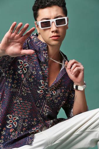 men's navy blue ethnic motifs slim fit shirt