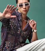 men's navy blue ethnic motifs slim fit shirt