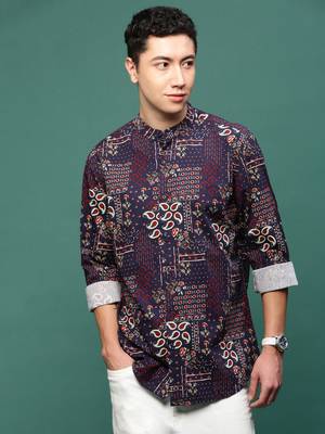 men's navy blue ethnic motifs slim fit shirt 2