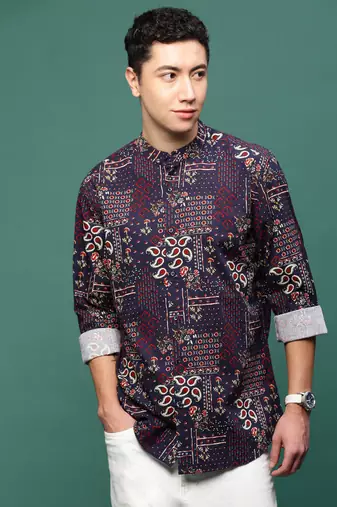 men's navy blue ethnic motifs slim fit shirt