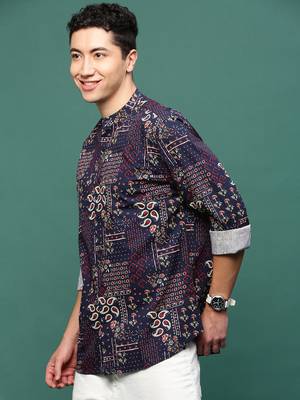 men's navy blue ethnic motifs slim fit shirt 3