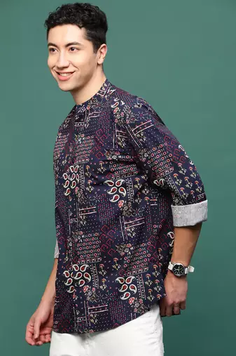 men's navy blue ethnic motifs slim fit shirt