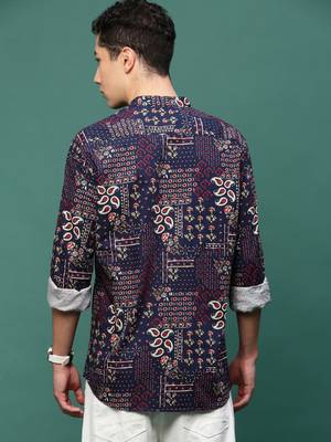 men's navy blue ethnic motifs slim fit shirt 4