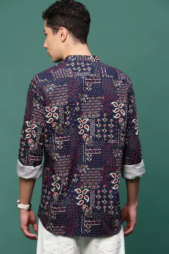 men's navy blue ethnic motifs slim fit shirt