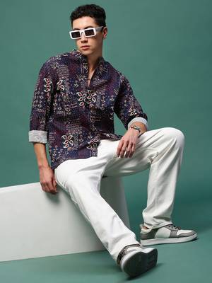 men's navy blue ethnic motifs slim fit shirt 5