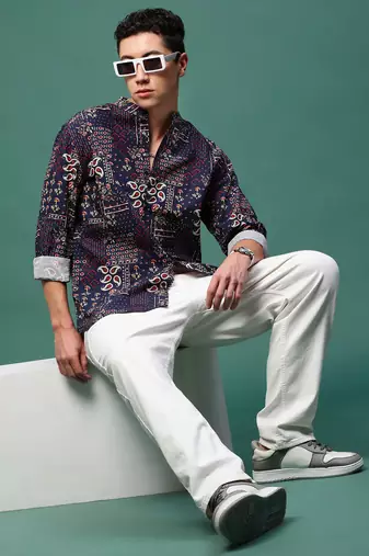 men's navy blue ethnic motifs slim fit shirt