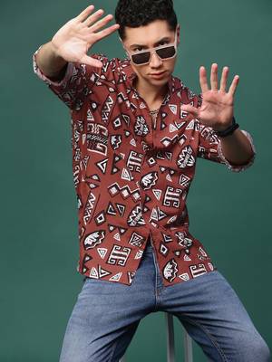men's rust geometric slim fit shirt 1