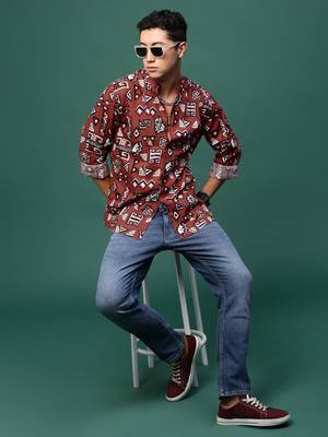 men's rust geometric slim fit shirt 5