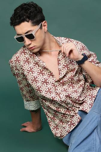 men's brown floral slim fit shirt