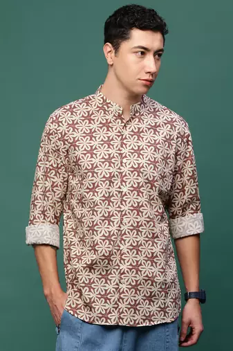 men's brown floral slim fit shirt