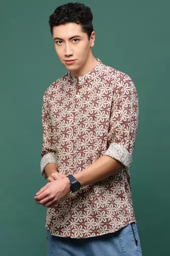 men's brown floral slim fit shirt