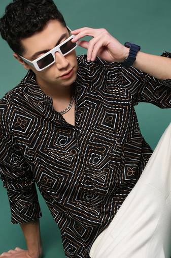 men's black geometric slim fit shirt