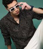 men's black geometric slim fit shirt