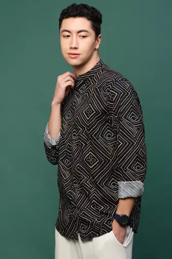 men's black geometric slim fit shirt