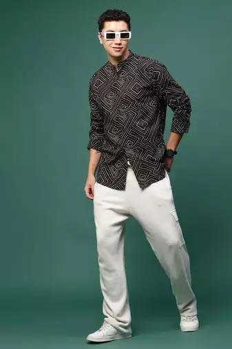 men's black geometric slim fit shirt
