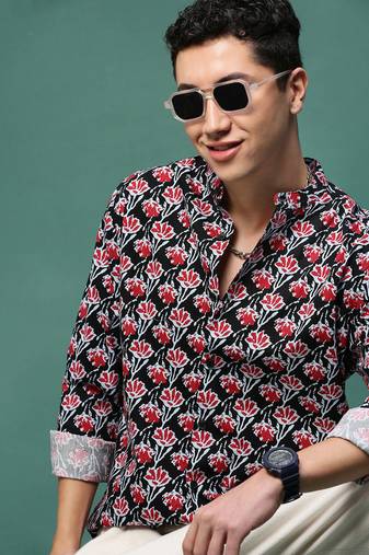 men's black floral slim fit shirt