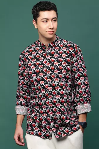 men's black floral slim fit shirt