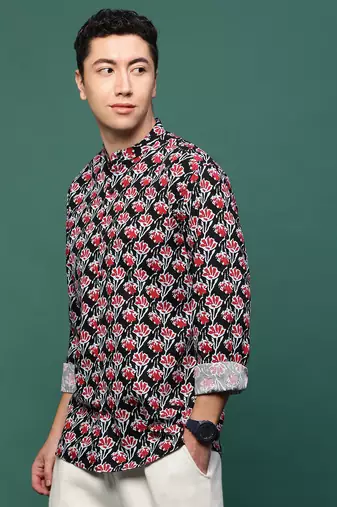 men's black floral slim fit shirt