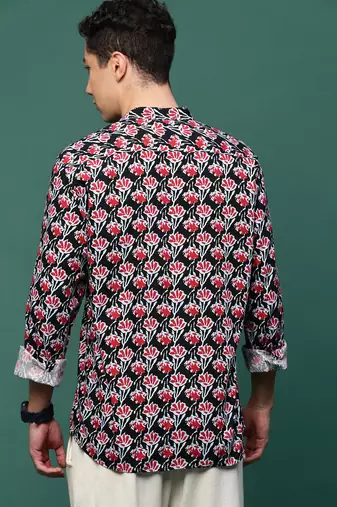 men's black floral slim fit shirt