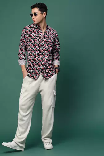 men's black floral slim fit shirt