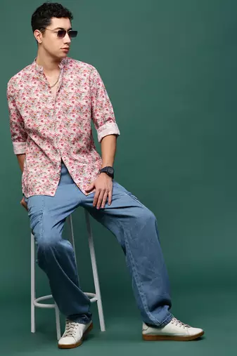 men's pink floral slim fit shirt