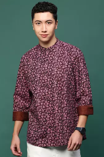 men's maroon floral slim fit shirt