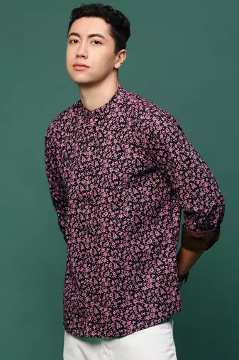 men's maroon floral slim fit shirt
