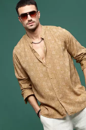 Showoff men's mustard floral slim fit shirt