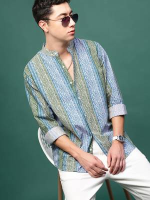 men's blue geometric slim fit striped shirt 1