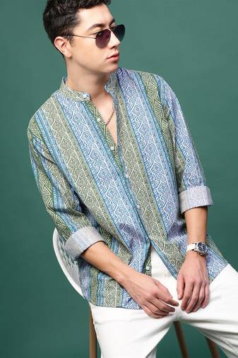 men's blue geometric slim fit striped shirt