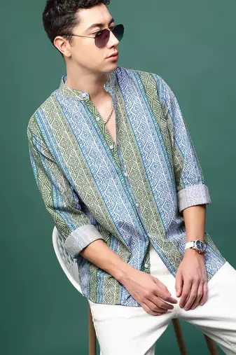 men's blue geometric slim fit striped shirt