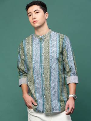men's blue geometric slim fit striped shirt 2