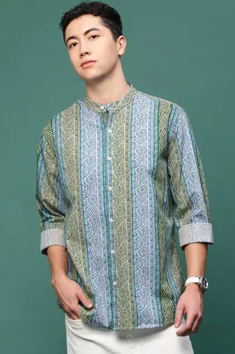 men's blue geometric slim fit striped shirt