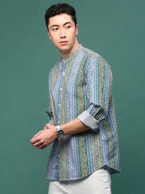 men's blue geometric slim fit striped shirt 3