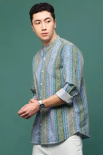men's blue geometric slim fit striped shirt