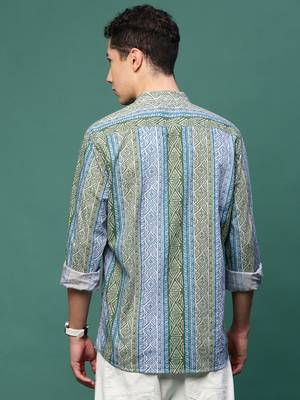 men's blue geometric slim fit striped shirt 4