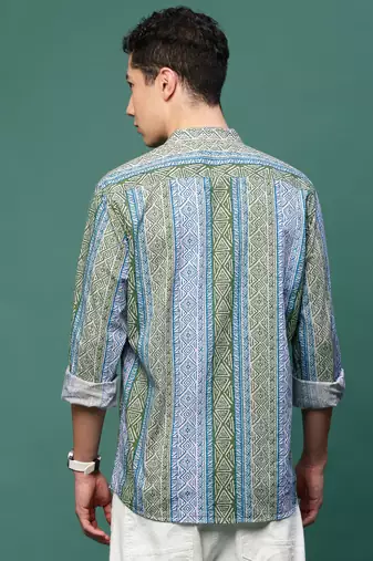 men's blue geometric slim fit striped shirt