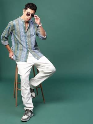 men's blue geometric slim fit striped shirt 5