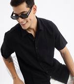 men's short sleeves solid slim fit black shirt