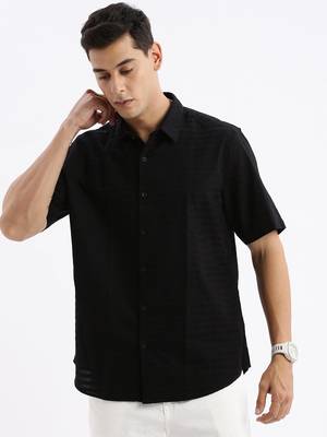 men's short sleeves solid slim fit black shirt 2