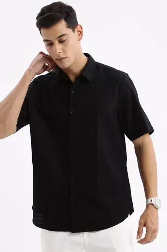 men's short sleeves solid slim fit black shirt
