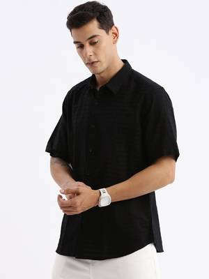 men's short sleeves solid slim fit black shirt 3