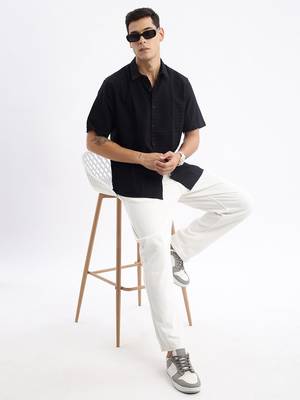 men's short sleeves solid slim fit black shirt 5