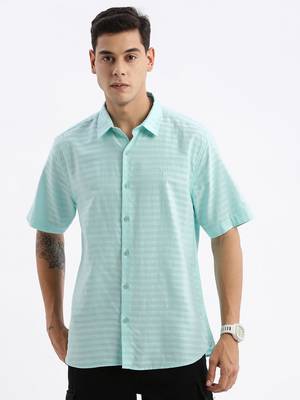 men's short sleeves solid slim fit turquoise blue shirt 2