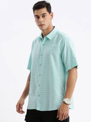 men's short sleeves solid slim fit turquoise blue shirt 3